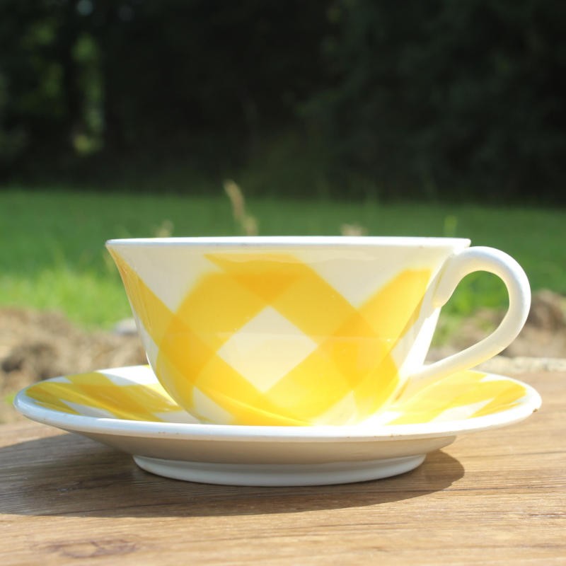 Digoin-Nord-de-la-France-tasse-soucoupe-écossais-jaune-blanc-vintage