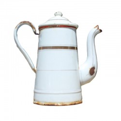 ancienne cafetière émaillée de 2 litres, blanche et frise dorée, fin 19ème