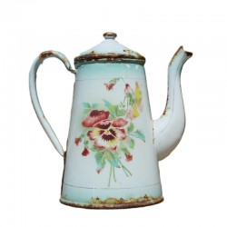 ancienne cafetière en tôle émaillé au décor floral, idéal collection