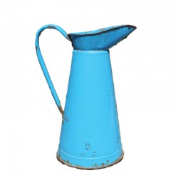 ancien broc en tôle émaillé, bleu, décoration rétro