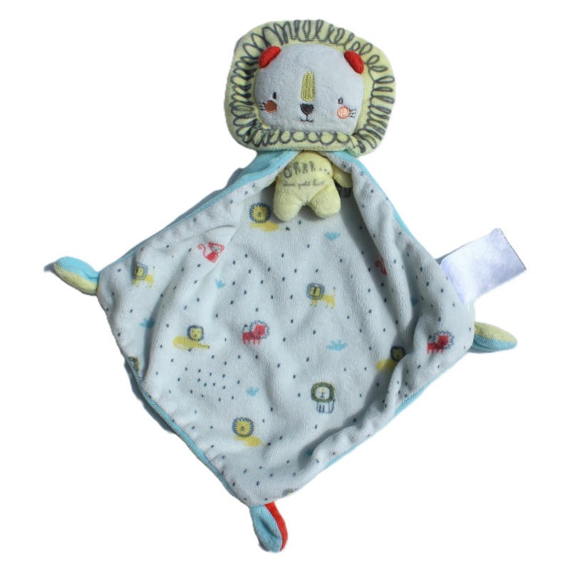 doudou plat petit lion jaune avec cape turquoise, Mots d'Enfants