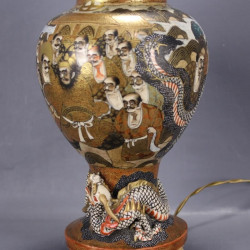 Antique-japanese-Satsuma-dragon-vase-lamp-tripod